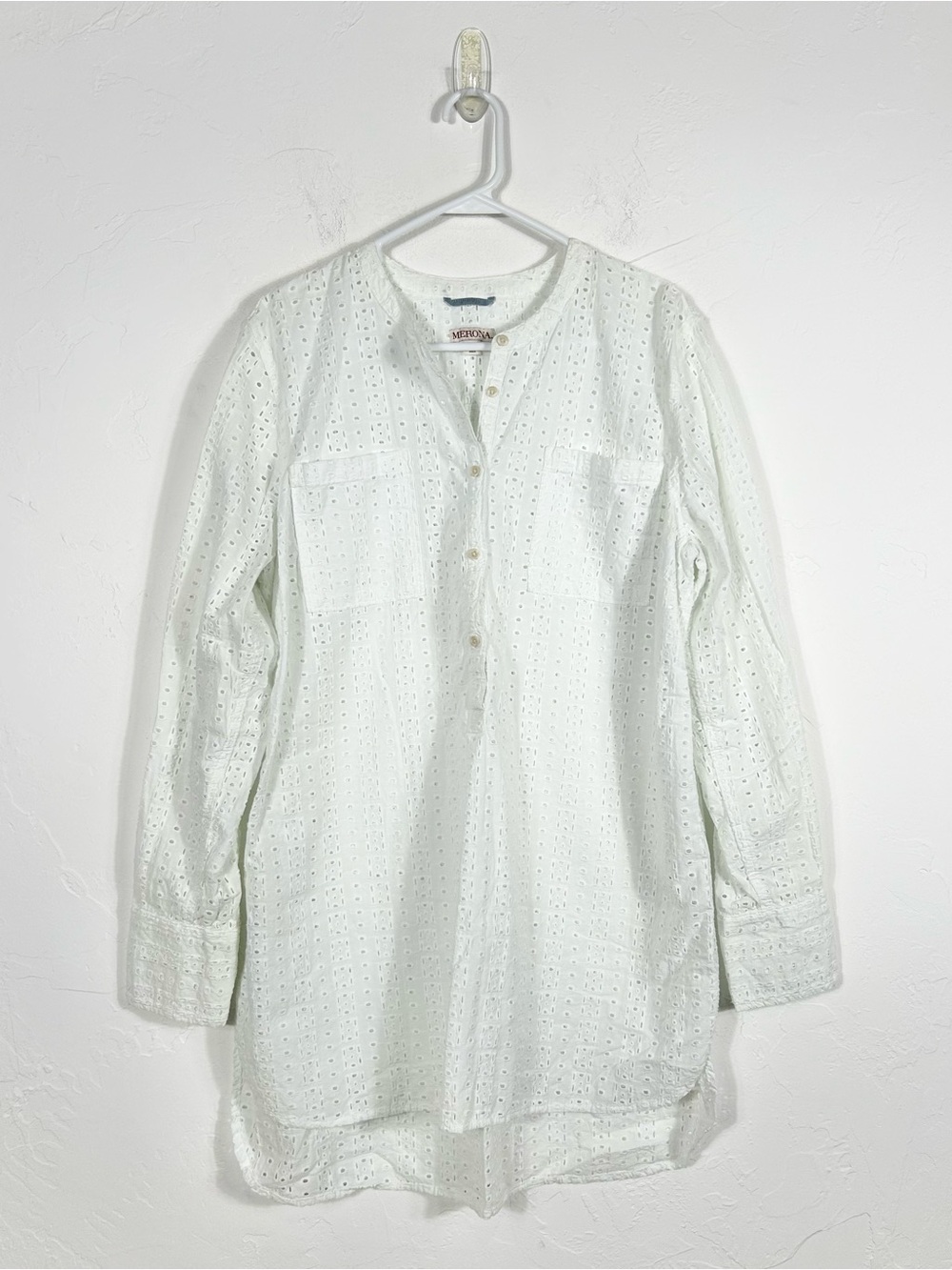 Merona White Eyelet Long Sleeve Button Down Tunic Blouse Shirt XXL